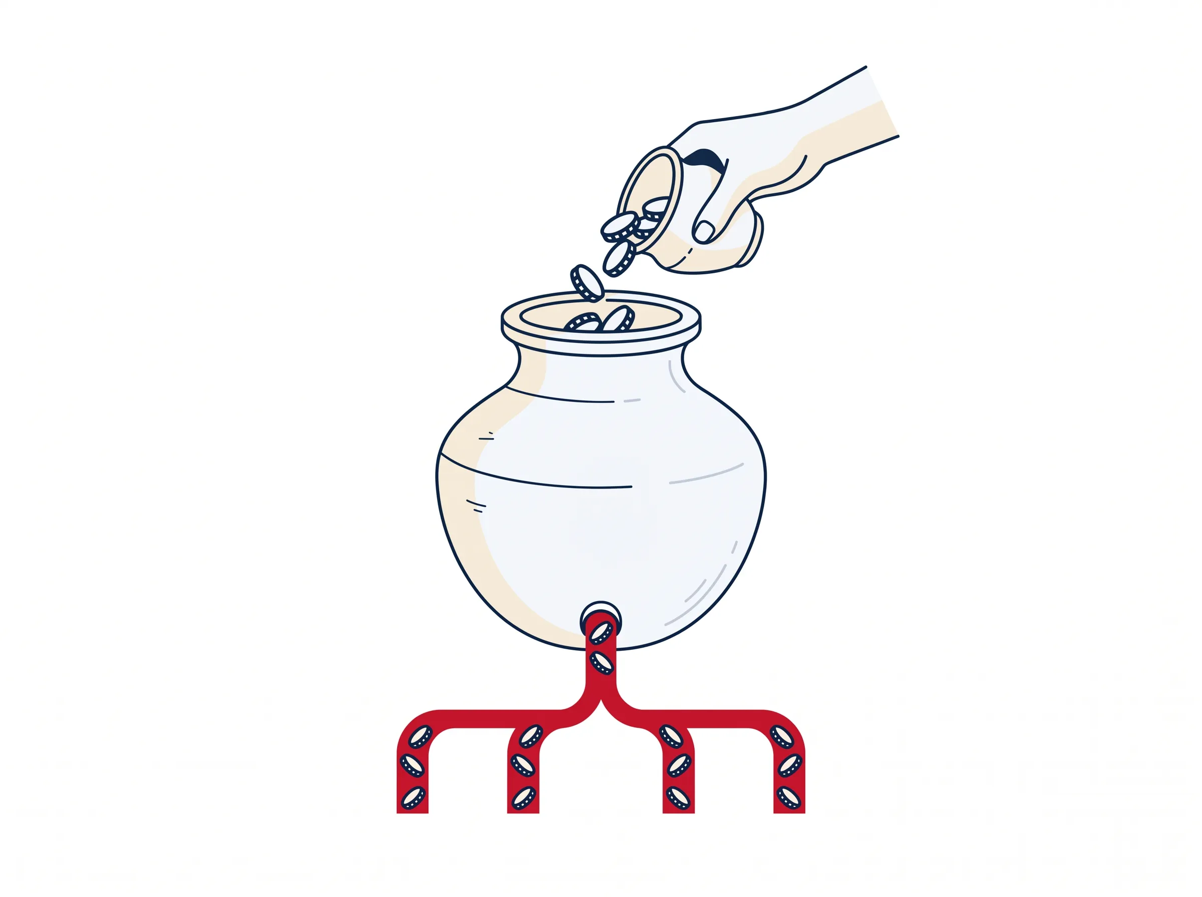 A hand pours coins into a clay pot once; from its base a steady, repeating stream pays out on its own — fund the wallet once, every cycle pays itself.