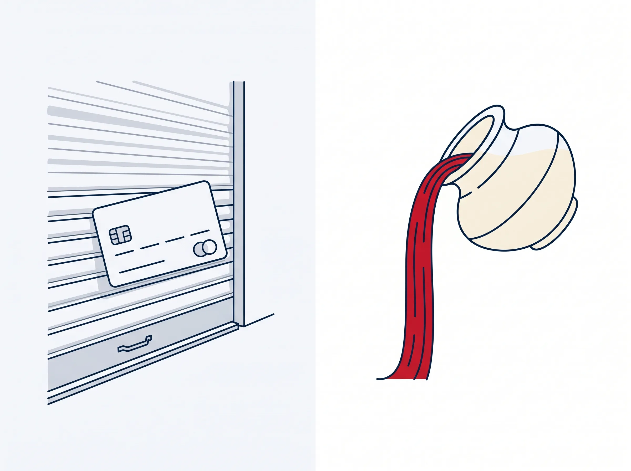 Left: a payment card pressed against a closed shop shutter — blocked, no recurring rail. Right: a wallet pours a steady, repeating stream on its own.