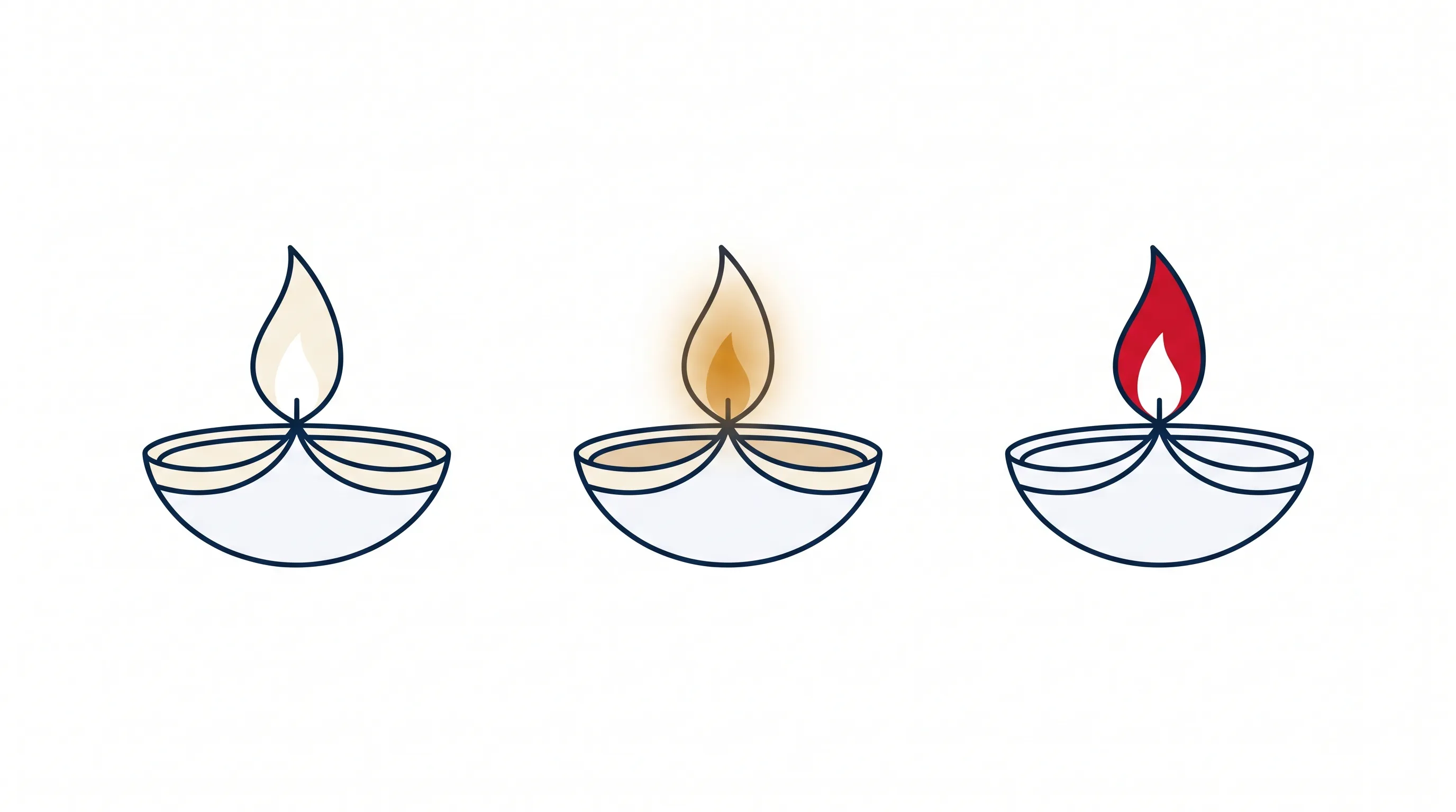 A single oil lamp shown three times: burning steadily, dimmed to a faint ember, then relit — active, past_due, then recovered.